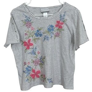 Alfred Dunner Women's Striped Floral Tee - Gray with Pink and Blue Petite M